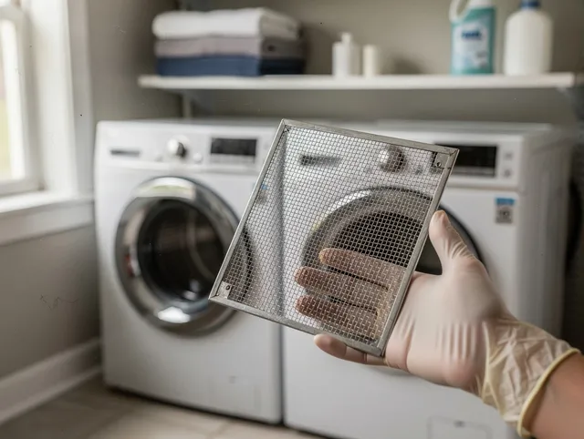Maywood Dryer Vent Cleaning specialist performing detailed lint trap cleaning service in Maywood