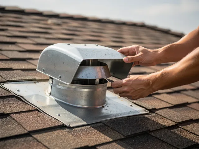 Maywood Dryer Vent Cleaning certified technician safely cleaning a roof-mounted dryer vent in Maywood