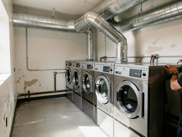 Maywood Dryer Vent Cleaning team performing large-scale commercial dryer vent cleaning in Maywood