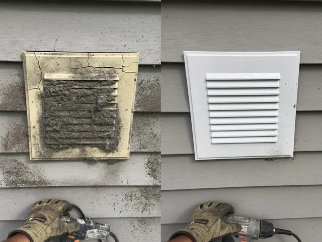 Maywood Dryer Vent Cleaning technician installing high-quality dryer vent cover at a residential property in Maywood