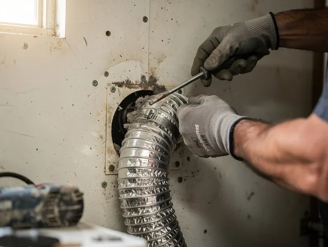 Maywood Dryer Vent Cleaning technician performing precise dryer vent hose installation in Maywood